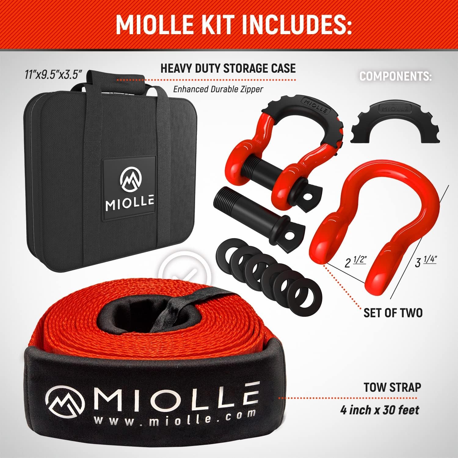 gear Tow Strap 4”X30’- 45000Lbs MBS (Lab Tested) Recovery Strap Kit Includes: Tow Rope, 2 D-Ring Shackles MBS- 62700LBS, Storage Case